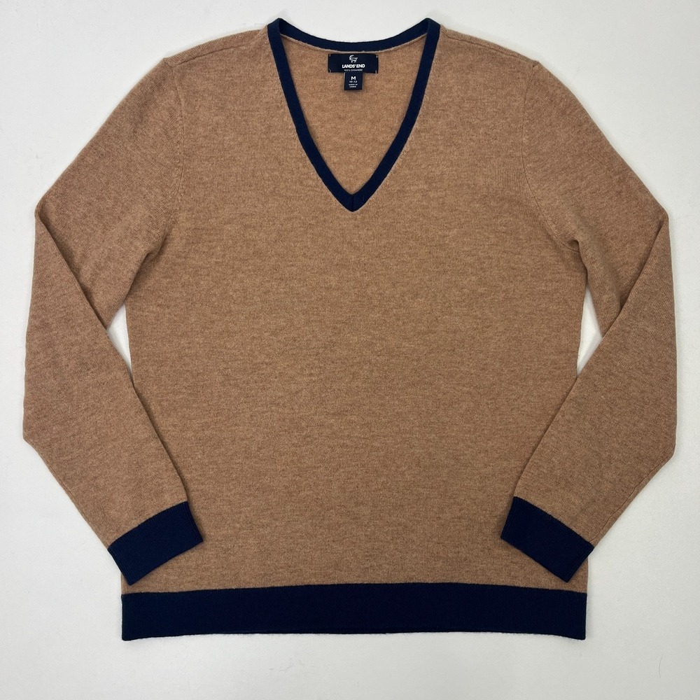 Lands End Cashmere Sweater Camel Brown Blue Trim V-Neck Sz M Old Money Preppy